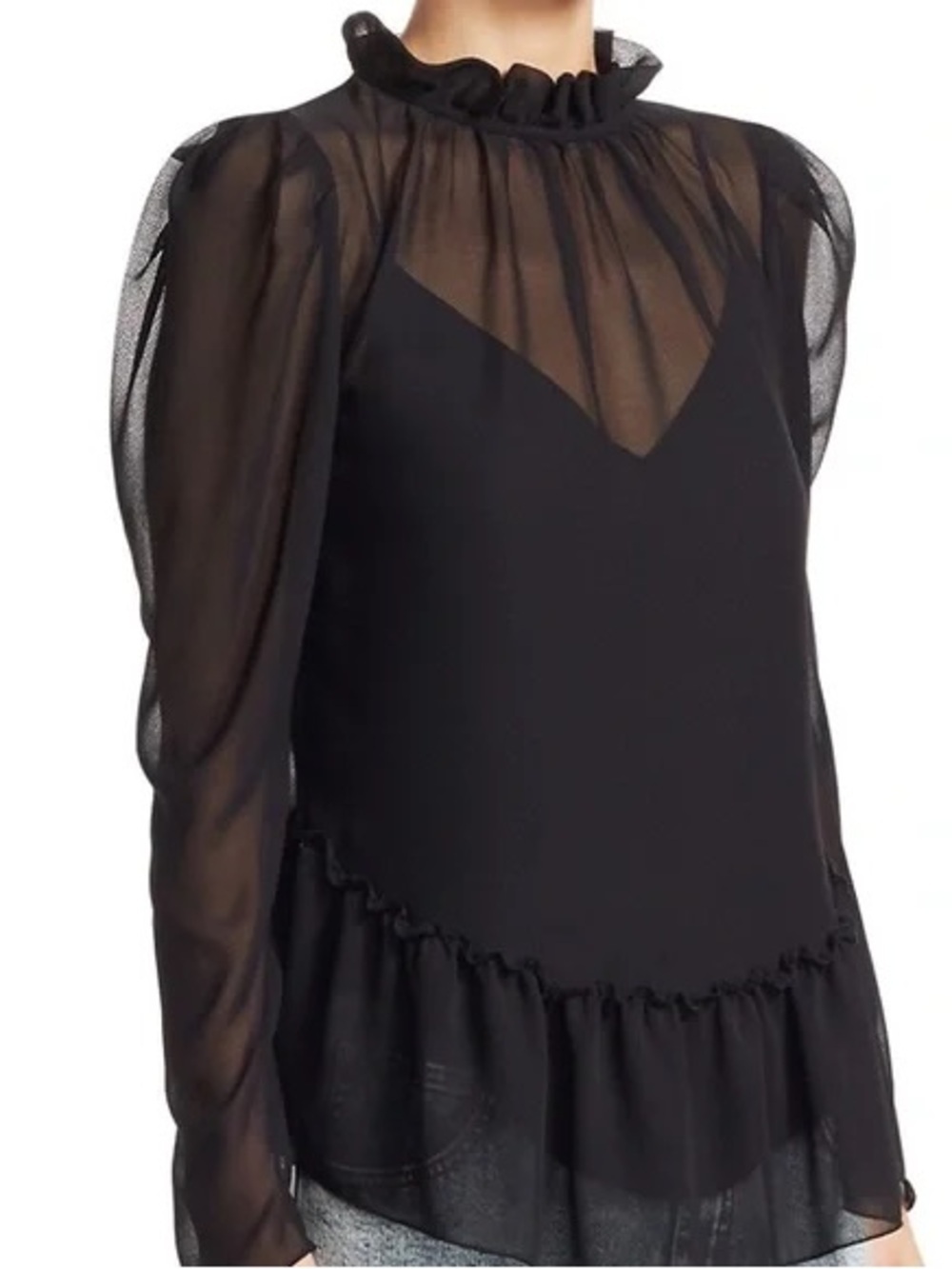 See By Chloe Black Sheer Ruffle-Neck Blouse - Size 40 (US Size 8)